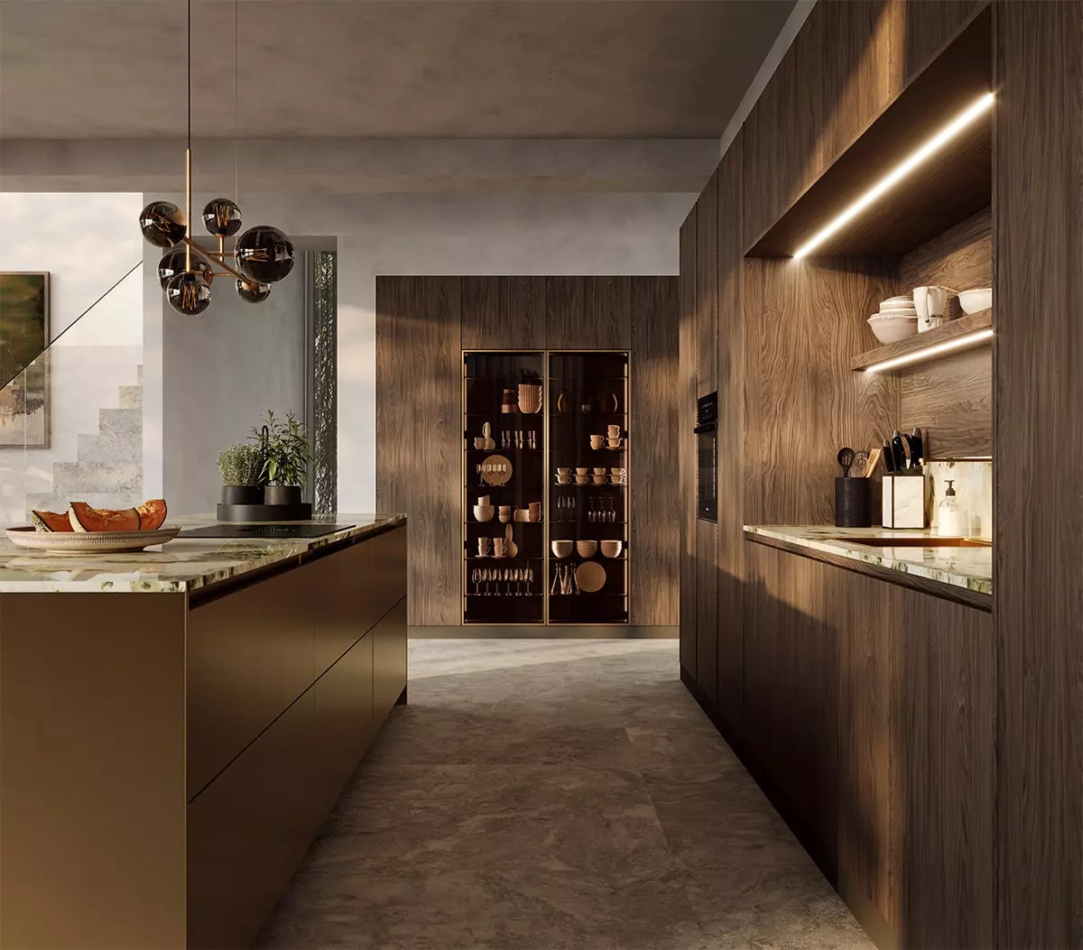 Cuisine Rotpunkt haut de gamme avec façades bois foncé, îlot bronze, vitrine intégrée et éclairage chaleureux.