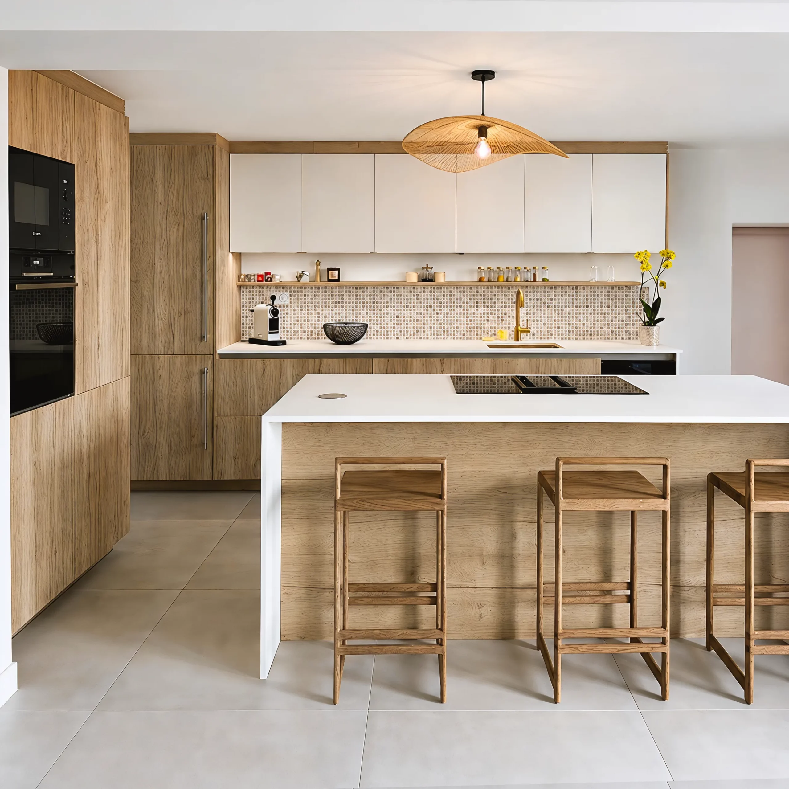 Cuisine ouverte Premier Plan Longlaville avec îlot repas, tabourets en bois, façades bois et blanches et plan de travail clair