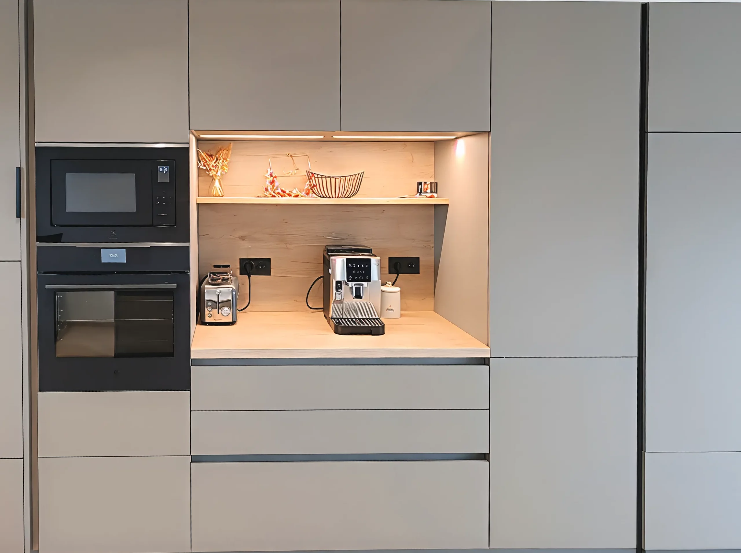 Cuisine sur-mesure Premier Plan Guer avec niche café éclairée, décor bois clair, colonnes de rangement et électroménager intégré