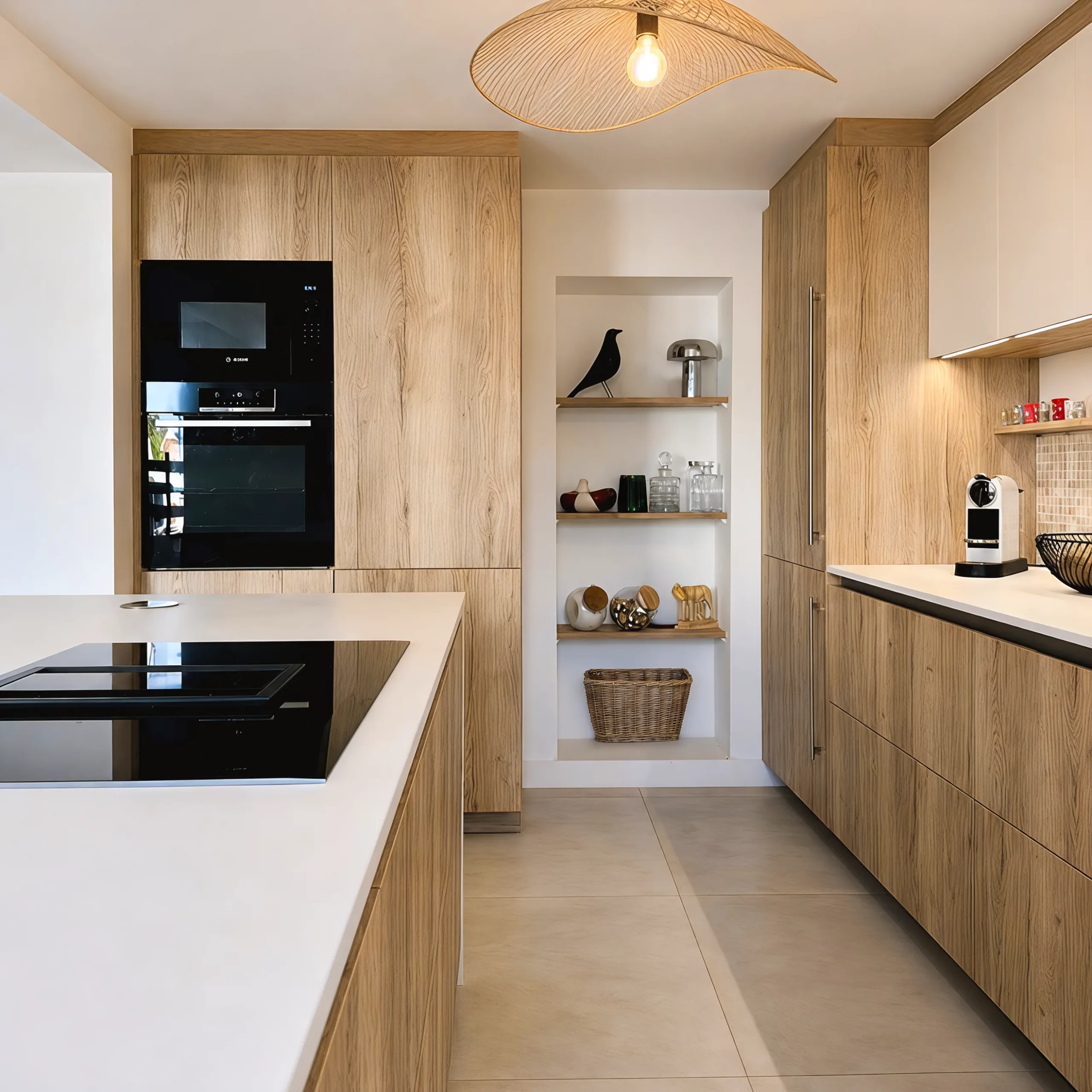 Cuisine sur-mesure Premier Plan Longlaville avec îlot central, colonnes en bois, électroménager intégré et niches décoratives