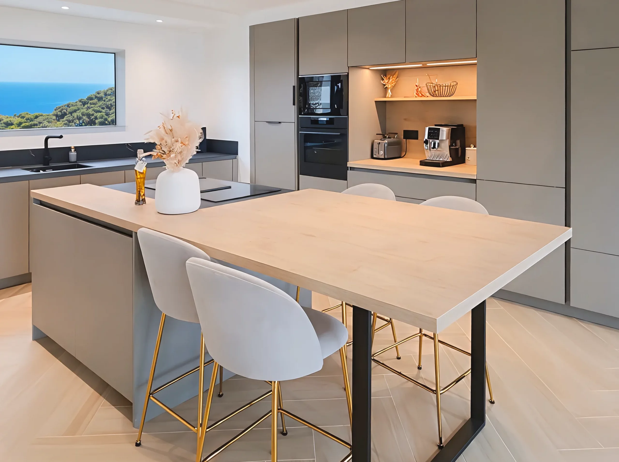Cuisine sur-mesure Premier Plan Guer avec îlot central, table attenante en bois clair, façades grèges et vue sur la mer