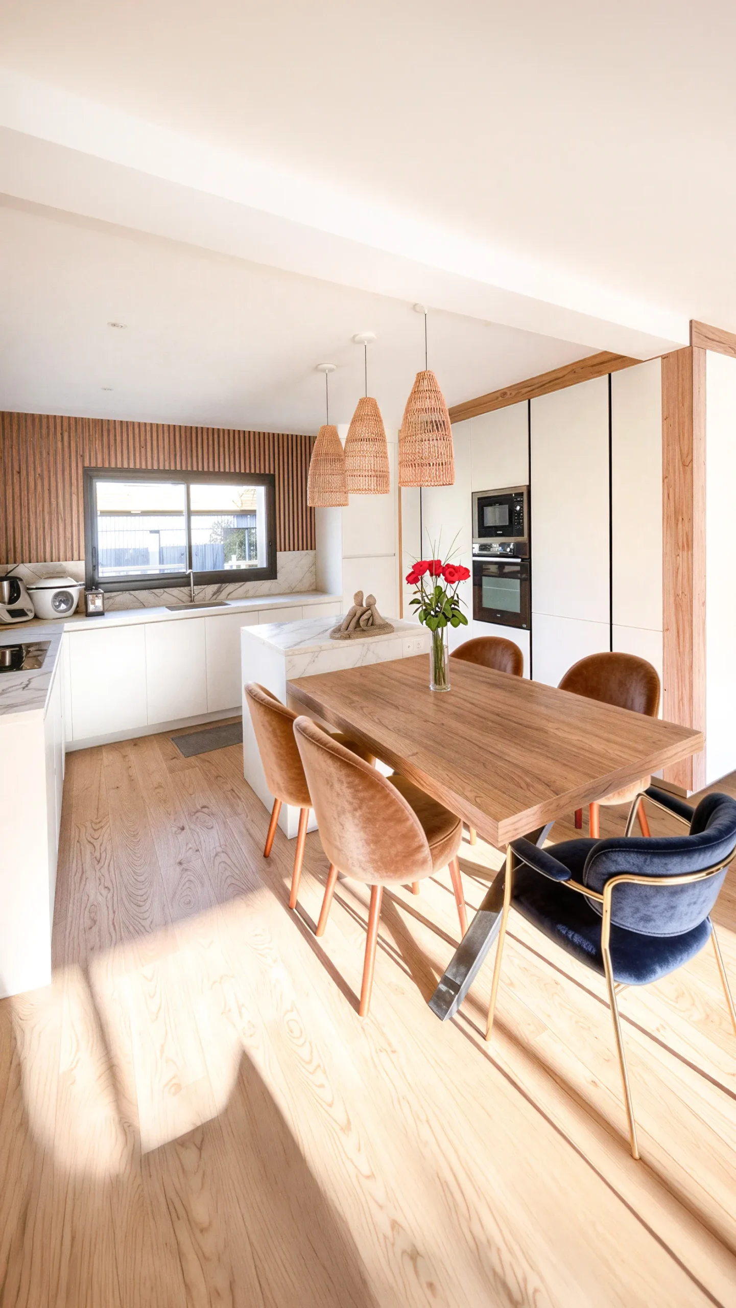 Cuisine sur mesure avec façades blanches lisses, îlot central à plan de travail effet marbre, panneaux muraux en lambris bois, suspension en osier tressé et table à manger en bois massif, réalisée par Cuisines Premier Plan à Fécamp