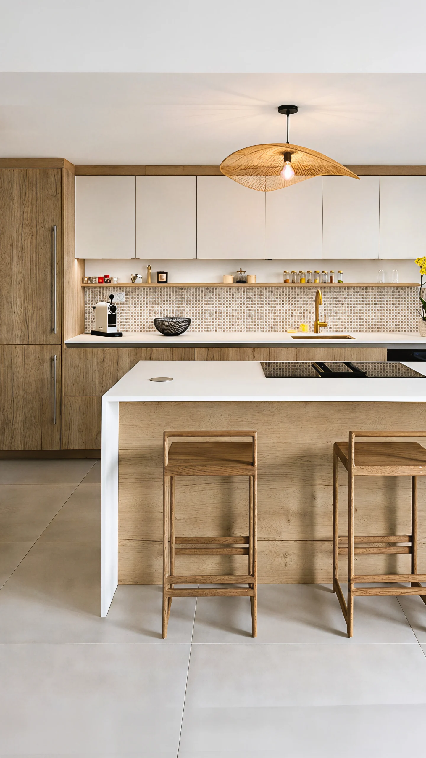 Cuisine sur mesure avec façades basses en bois chêne et meubles hauts blancs, îlot central avec plan de travail blanc et plaque à induction, crédence mosaïque beige et suspension en forme de feuille tressée, réalisée par Cuisines Premier Plan à Longlaville
