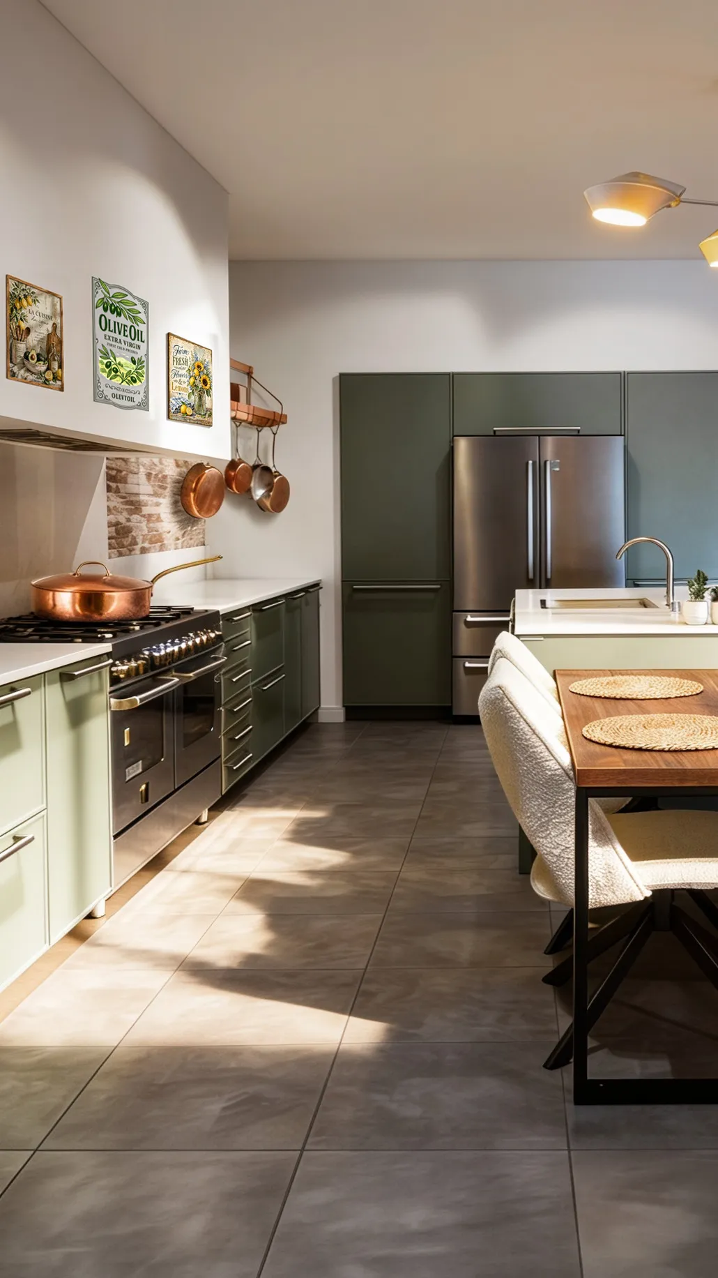 Cuisine sur mesure avec façades vert kaki et vert sauge, piano de cuisson professionnel, crédence en briquettes apparentes, ustensiles en cuivre et réfrigérateur américain inox, réalisée par Cuisines Premier Plan à Mauguio