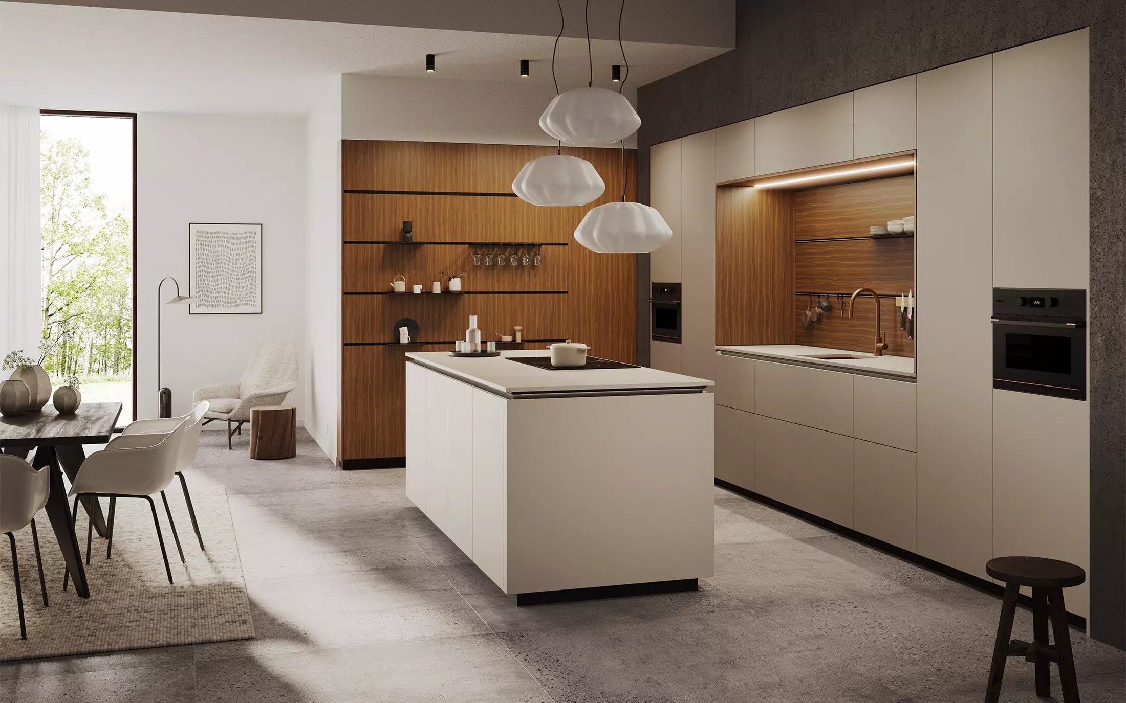 Cuisine Rotpunkt avec façades beiges et touche de bois sombre